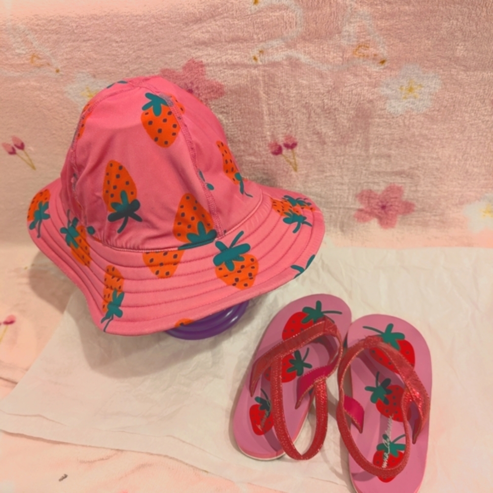 Pink Strawberry Bucket Hat and Flip Flops Set